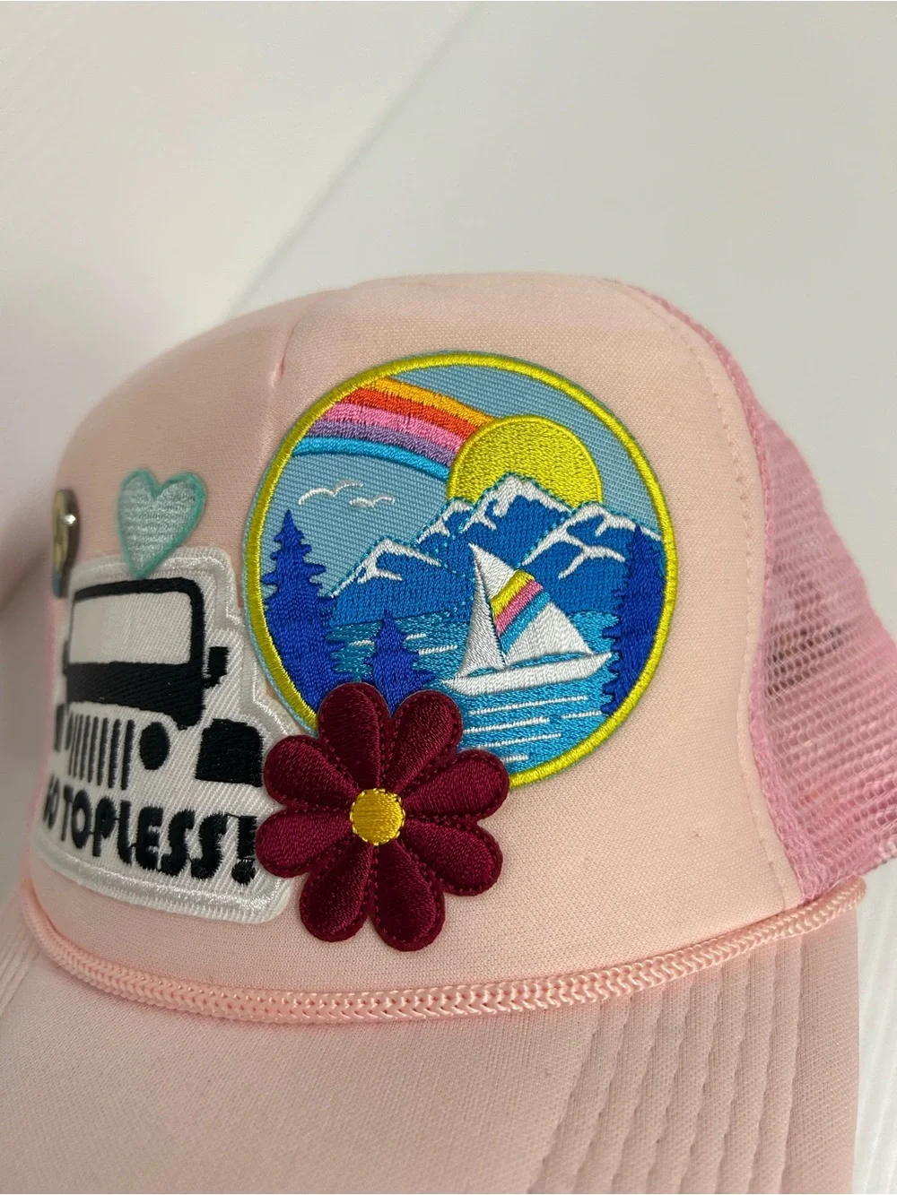 Go Topless Pink Patch Mesh Trucker Hat Mountian Scene Lit Lightbulb Pin